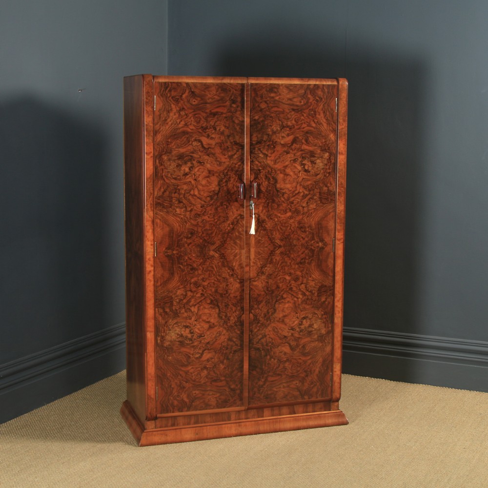 Antique English Art Deco Burr Walnut Two Door Wardrobe Armoire (Circa 1930)