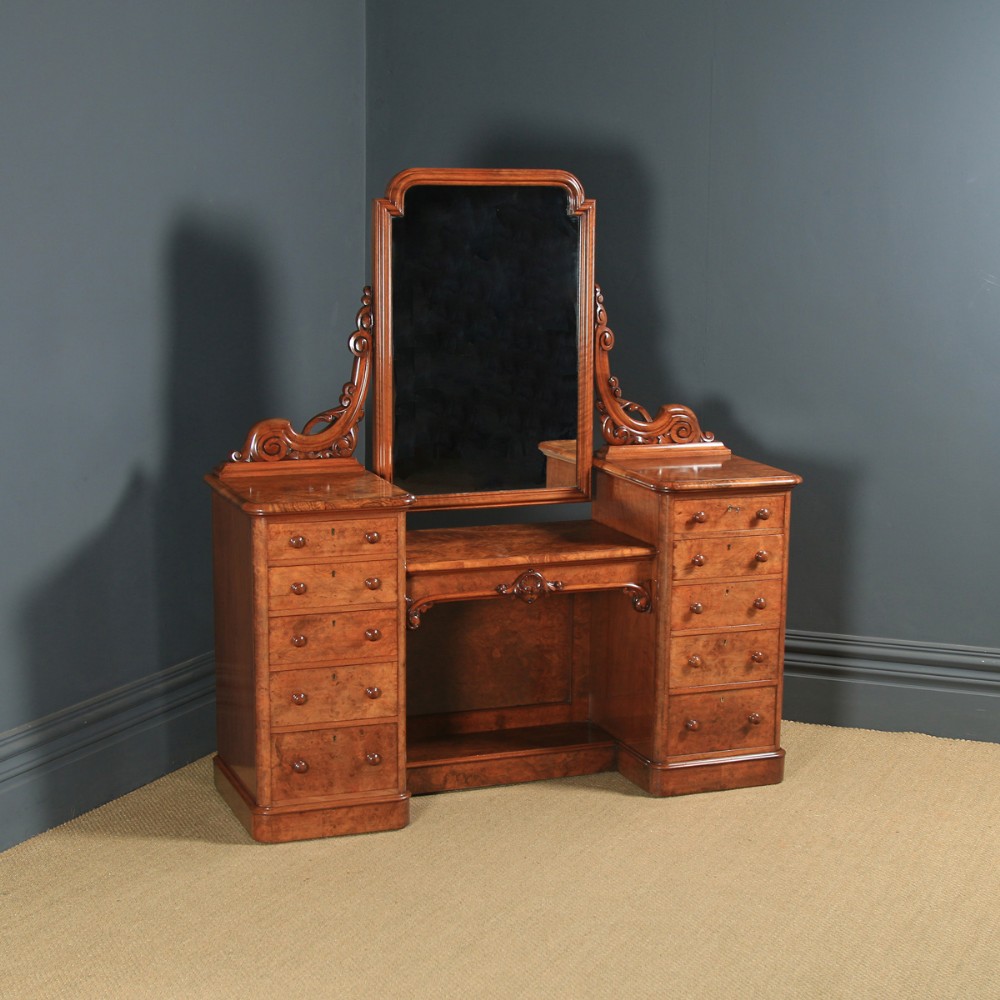Antique English Victorian Burr Walnut Pedestal Dressing / Vanity Table & Mirror (Circa 1860)