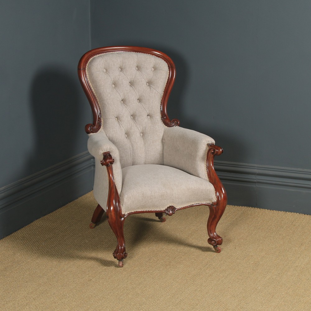 Antique English Victorian Mahogany Upholstered Spoon Back Armchair (Circa 1860)