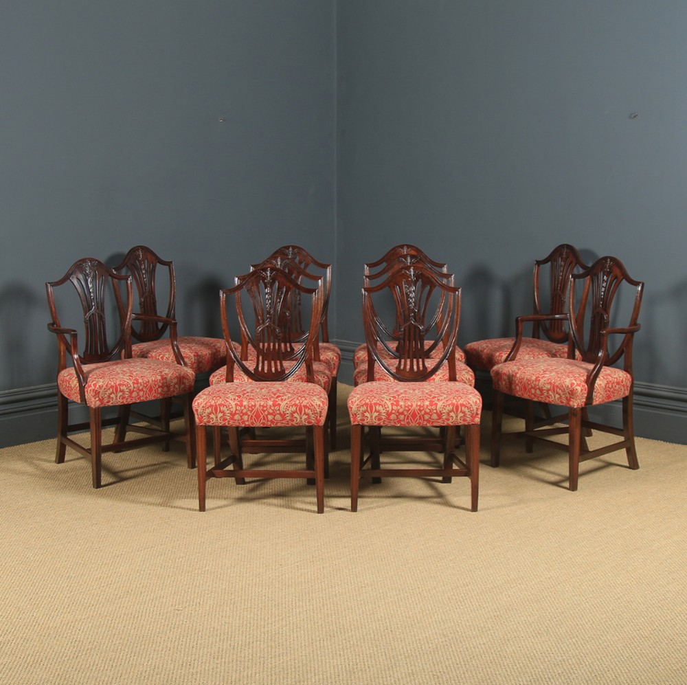 Antique Set of Ten 10 English Georgian Hepplewhite Style Shield Back Mahogany Dining Chairs (Circa 1880)
