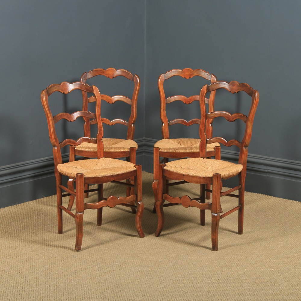 Antique French Set of 4 Four Louis XV Style Beech Ladder Back Rush Seat Kitchen Dining Chairs (Circa 1920)