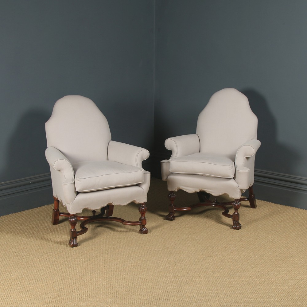 Antique English Pair of Queen Anne Style Upholstered Walnut Armchairs (Circa 1890)