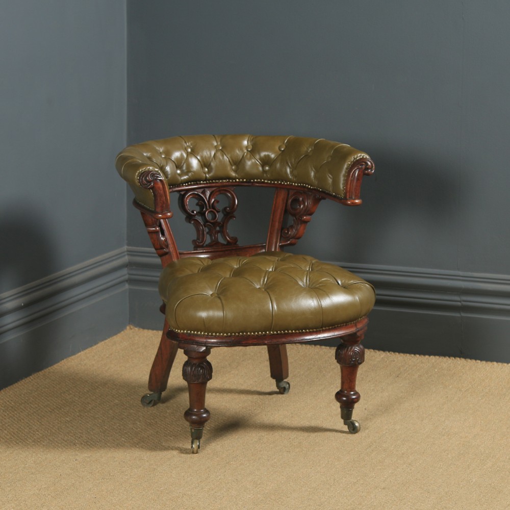 Antique English Victorian Oak & Green Leather Office Desk Arm Chair (Circa 1860)