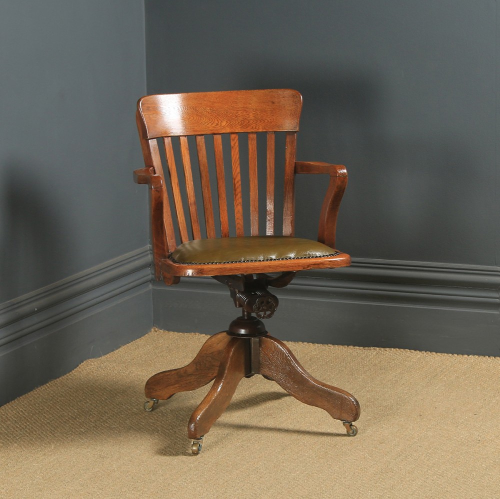 Antique English Edwardian Oak & Green Leather Revolving Office Desk Arm Chair (Circa 1910)
