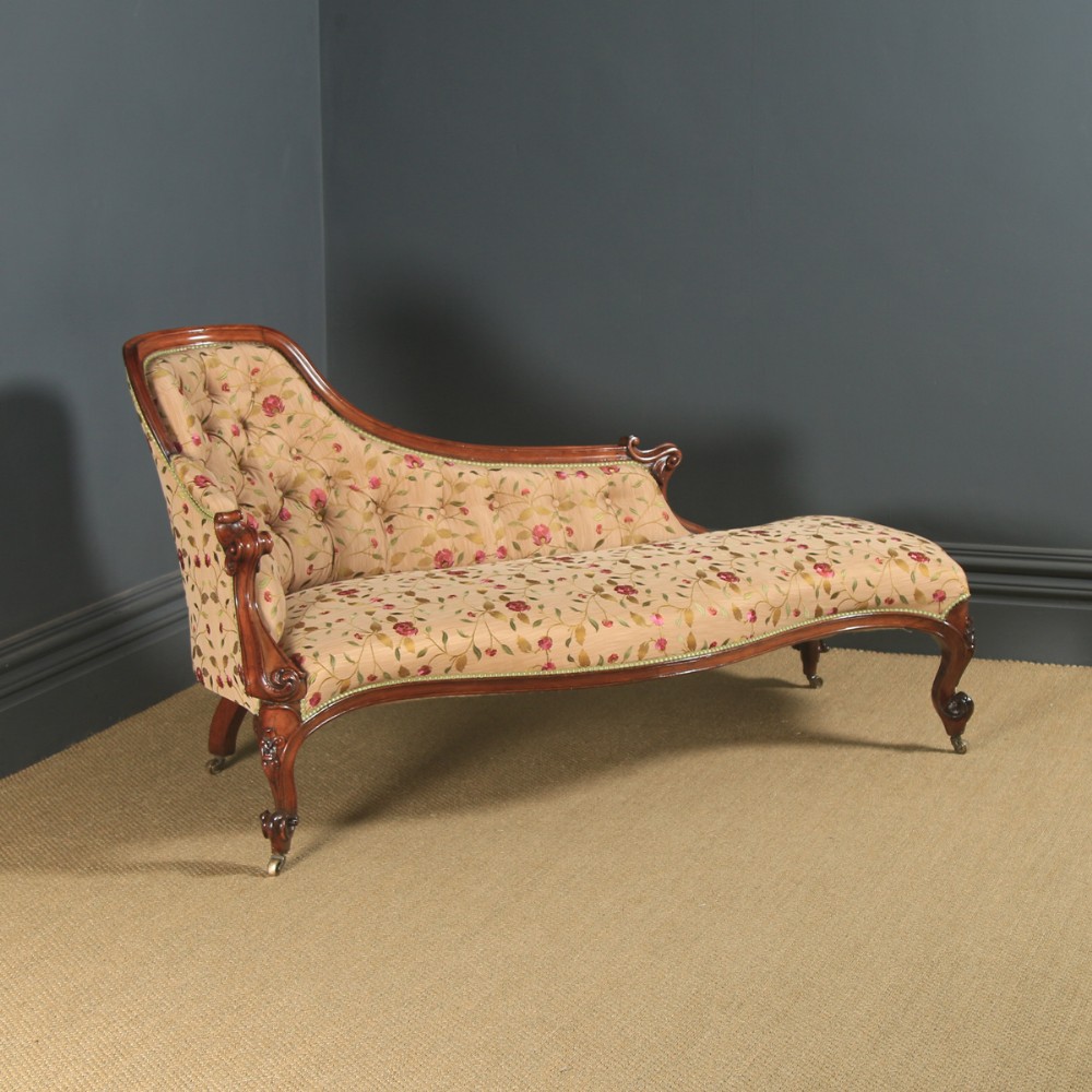 Antique English Victorian Mahogany Upholstered Chaise Longue Sofa Couch (Circa 1850)