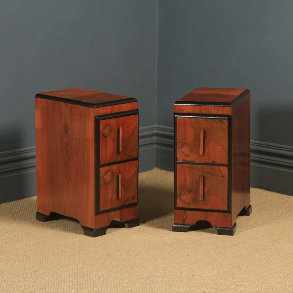 Antique English Pair of Art Deco Figured Walnut Bedside Chests Tables Nightstands (Circa 1930)