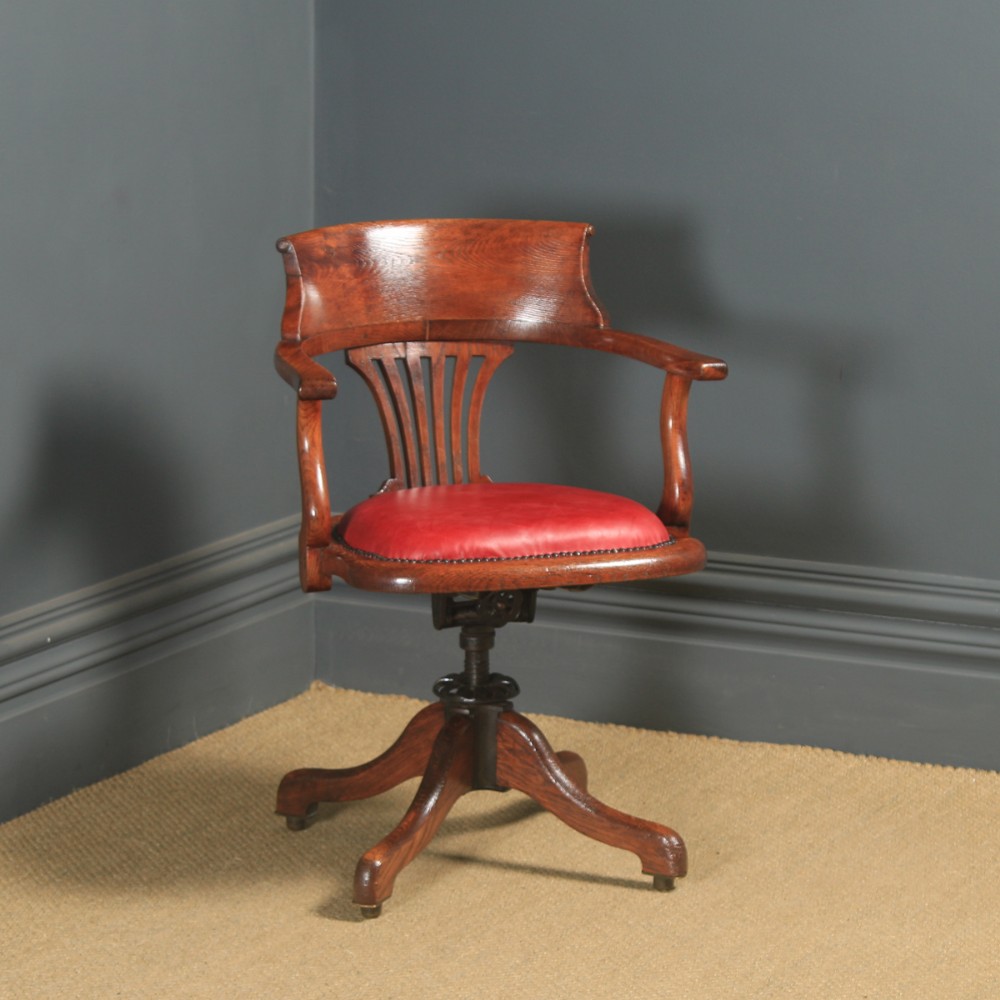 Antique English Edwardian Oak & Crimson Red Leather Revolving Office Desk Arm Chair (Circa 1910)