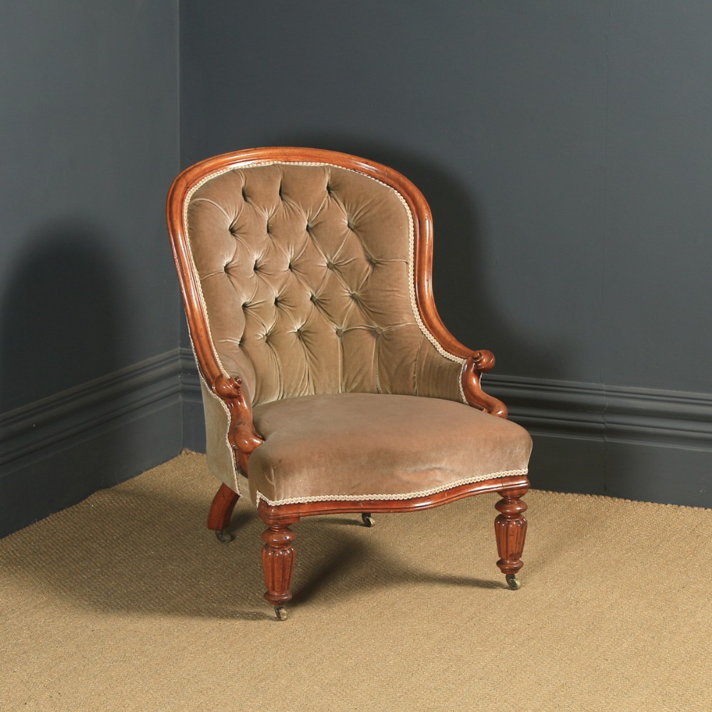 Antique English Victorian Mahogany Upholstered Occasional / Nursing Armchair (Circa 1860)
