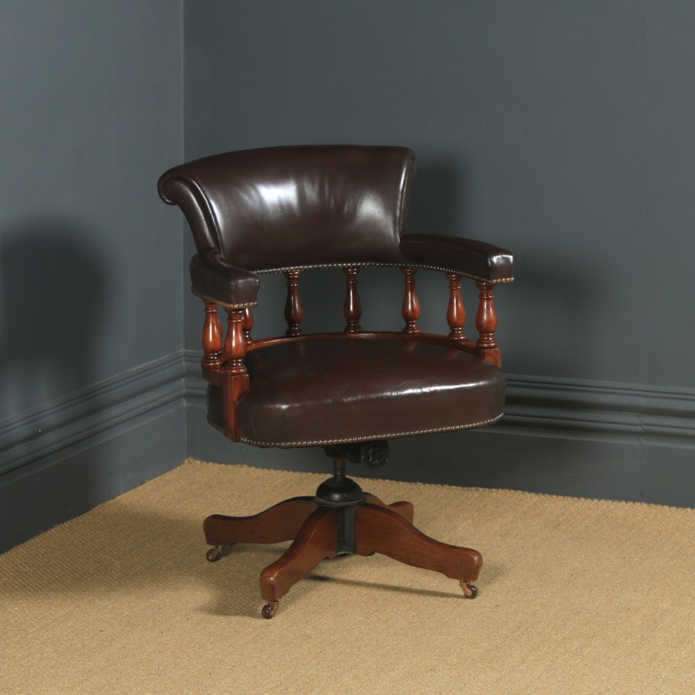 Antique English Edwardian Mahogany Revolving Captains Office Desk Armchair (Circa 1910)