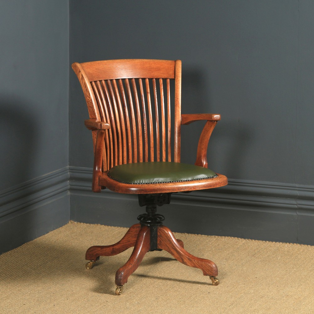 Antique English Edwardian Oak & Green Leather Revolving Office Desk Arm Chair (Circa 1910)