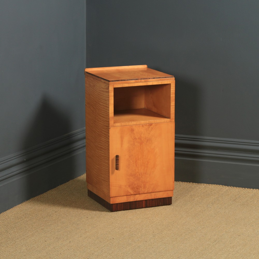 Antique English Single Art Deco Satinwood & Macassar Bedside Cupboard Table (Circa 1930)