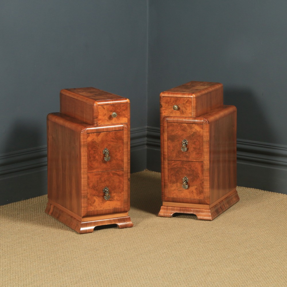 Antique English Pair of Art Deco Burr Walnut Skyscraper Bedside Cabinets  (Circa 1930)