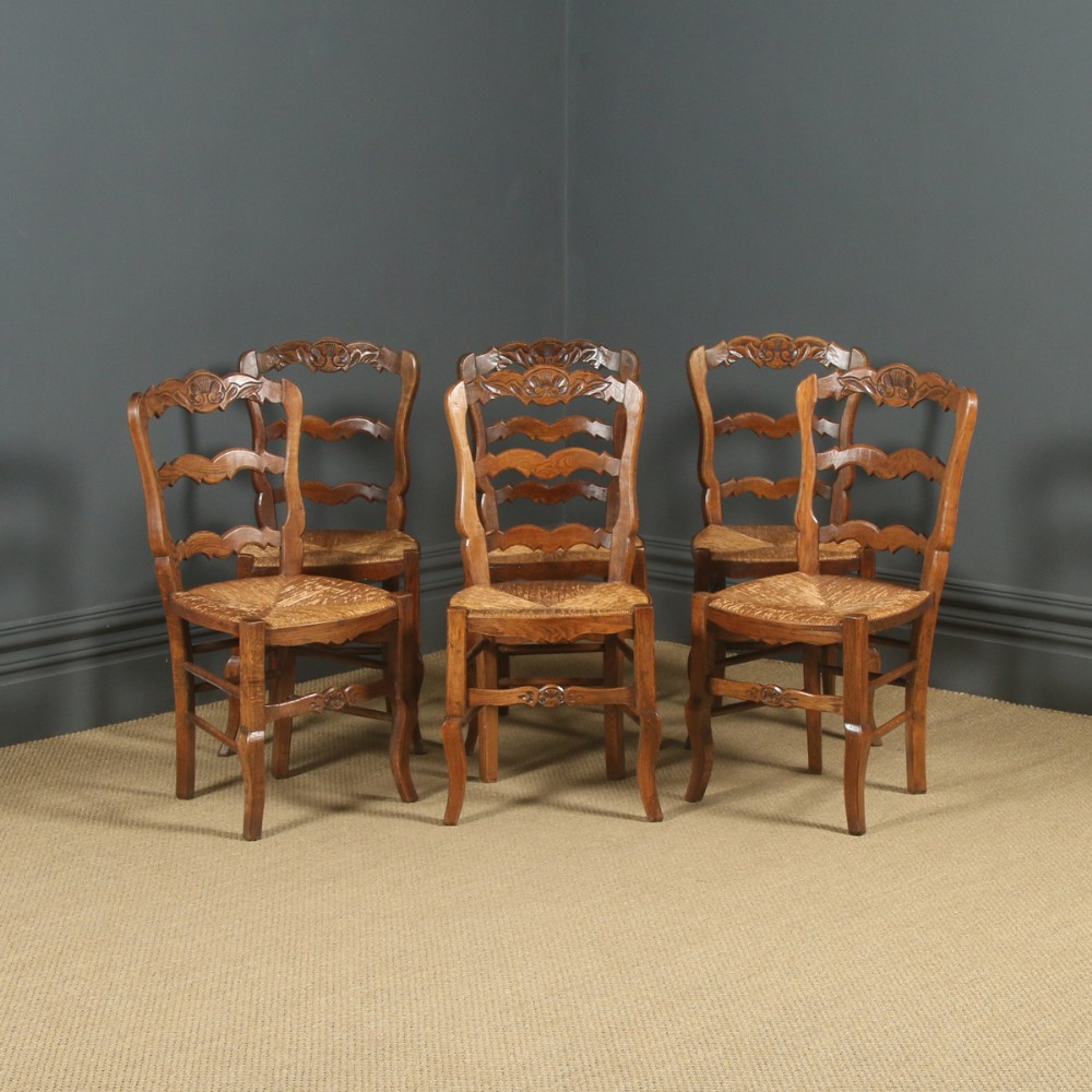 Antique French Set of 6 Six Louis XV Style Oak Ladder Back Rush Seat Kitchen Dining Chairs (Circa 1920)