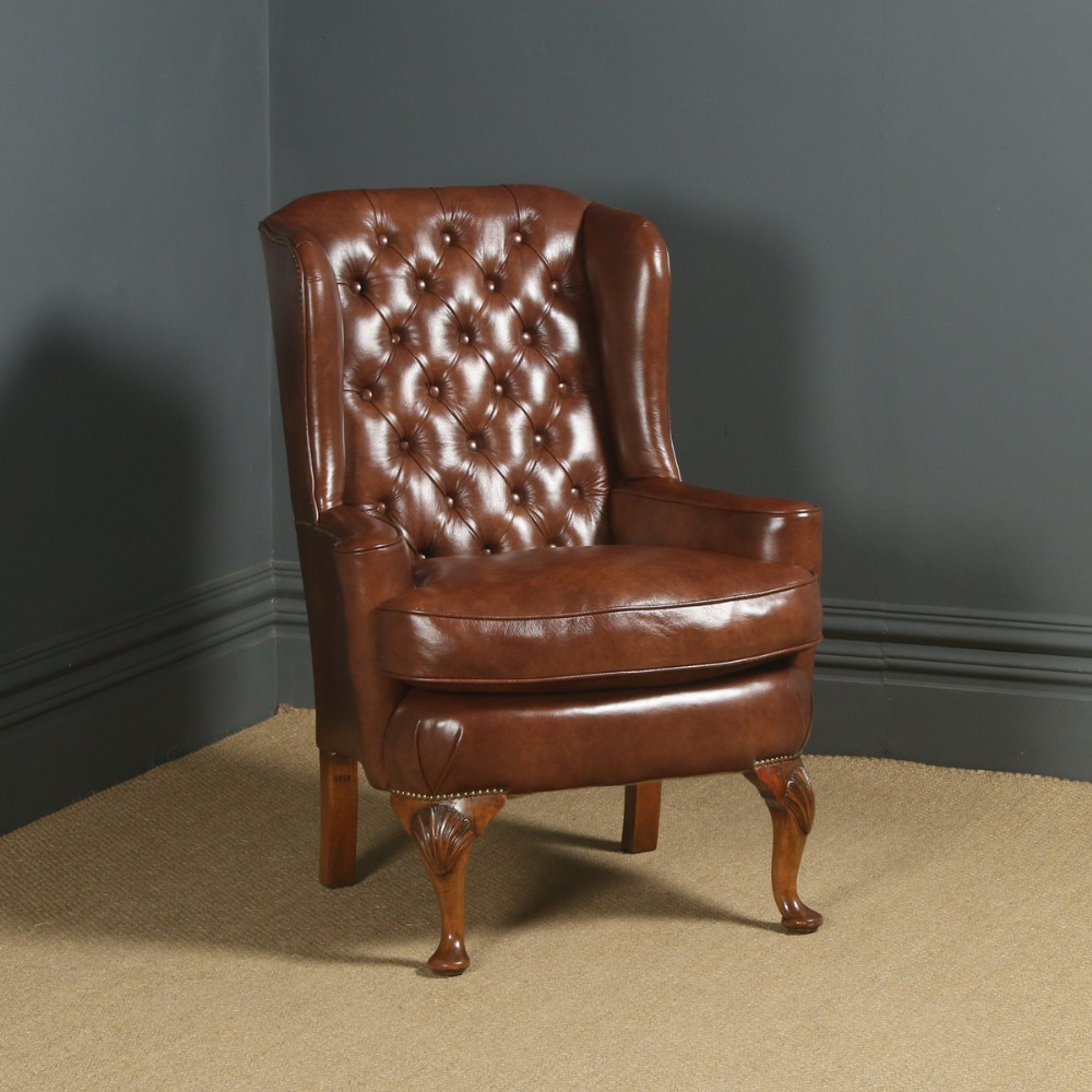 Antique English Queen Anne Style Brown Leather Walnut Wing Chair / Armchair (Circa 1910)