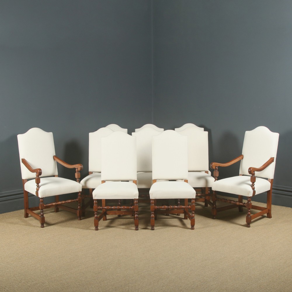 Antique English 17th Century Jacobean Style Set of Ten 10 Oak Upholstered Dining Chairs (Circa 1930)