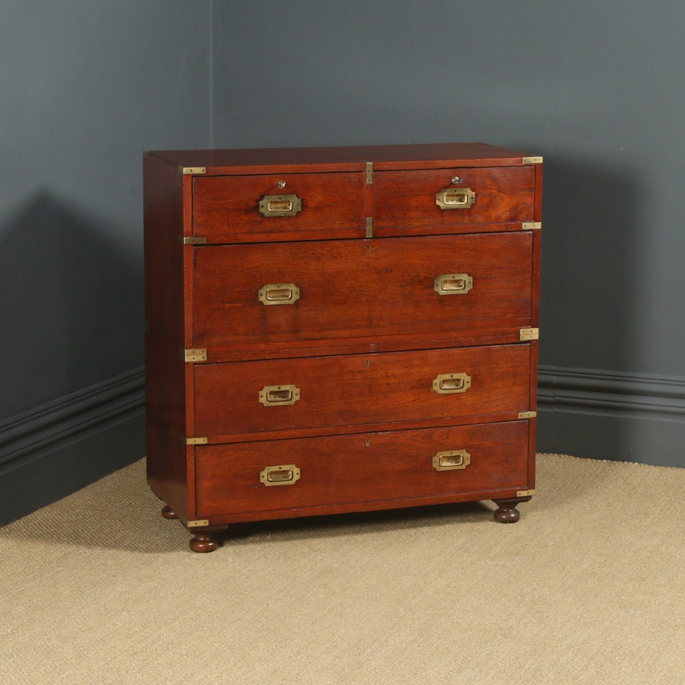 Antique English Victorian Teak & Brass Military Campaign Chest of Drawers (Circa 1870) 