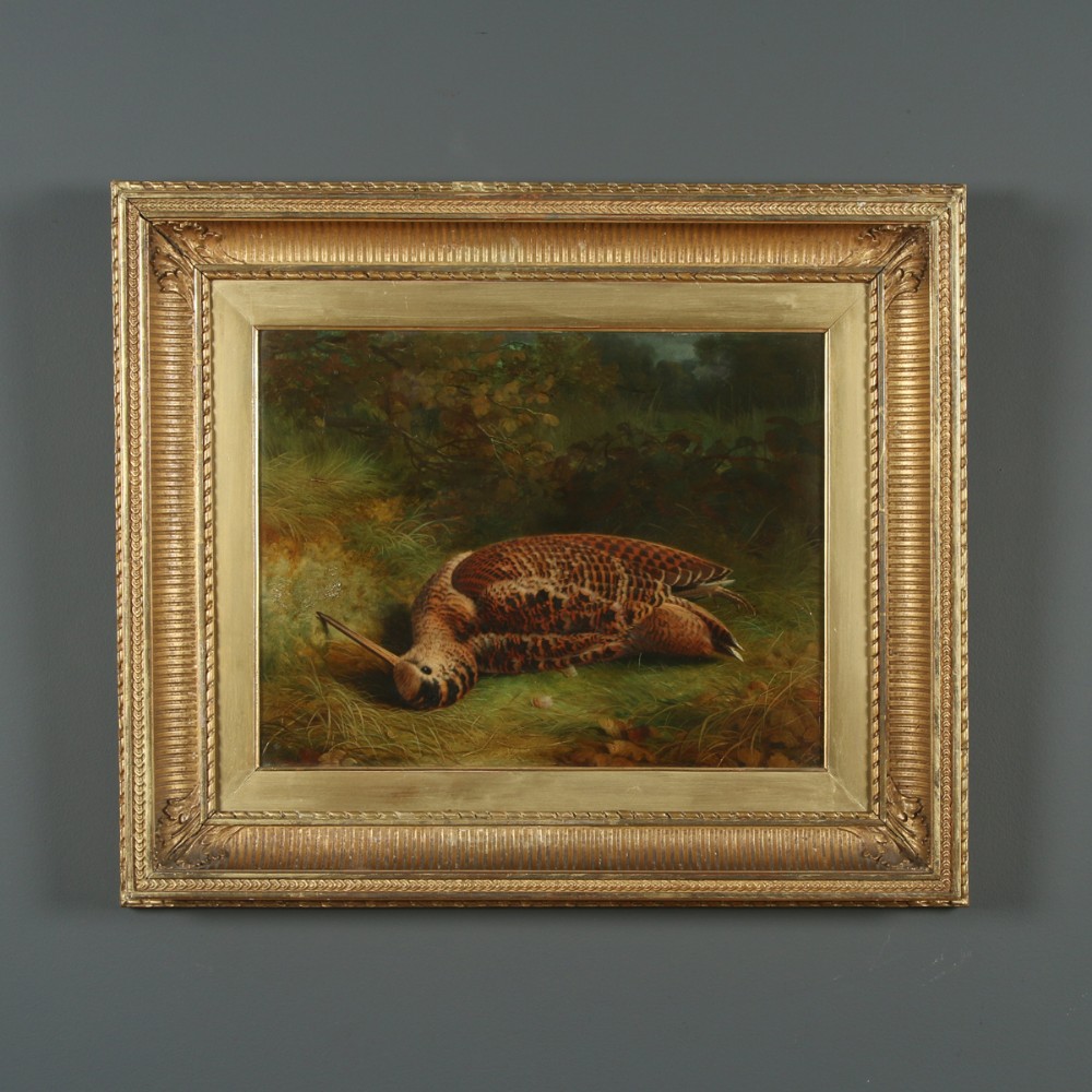 Antique English Victorian Oil Game Painting Picture of a Woodcock Bird by Abel Hold (Circa 1868)