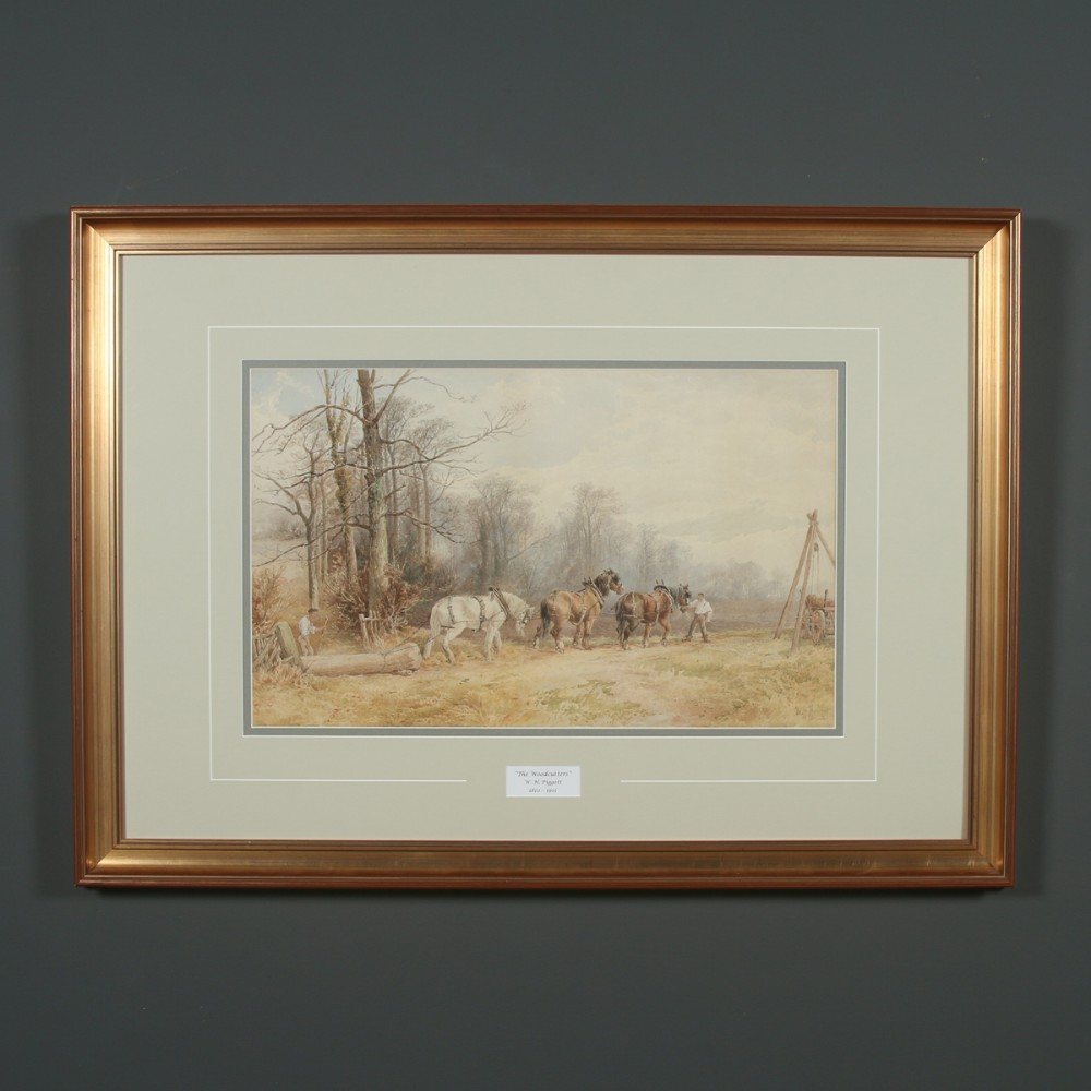 Antique English Victorian Watercolour Painting Picture of Working Farm Horses by Walter Henry Pigott (Circa 1882)