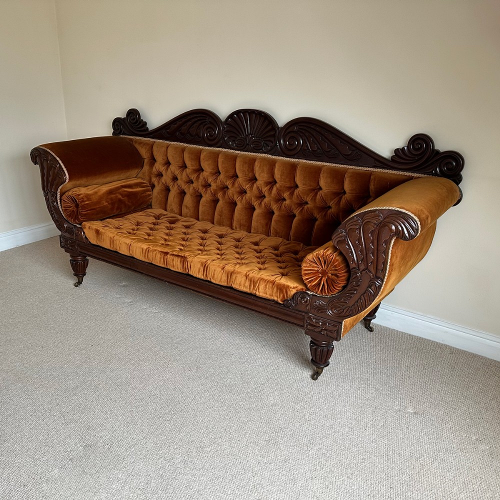 Antique English William IV Mahogany Upholstered Double Scroll End Sofa Couch Settee (Circa 1835)