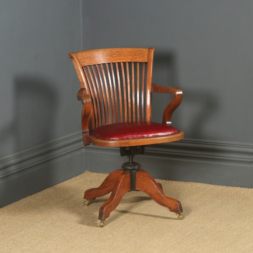 Antique English Edwardian Oak & Red Leather Revolving Office Desk Arm Chair (Circa 1910)