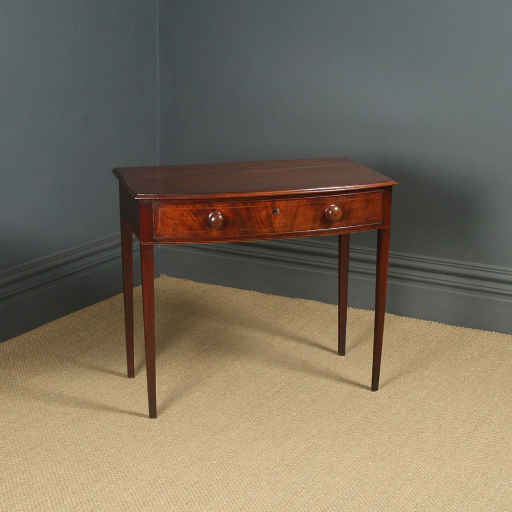 Antique English Georgian Regency Mahogany Inlaid Bow Front Occasional Side Lamp Writing Table (Circa 1820)