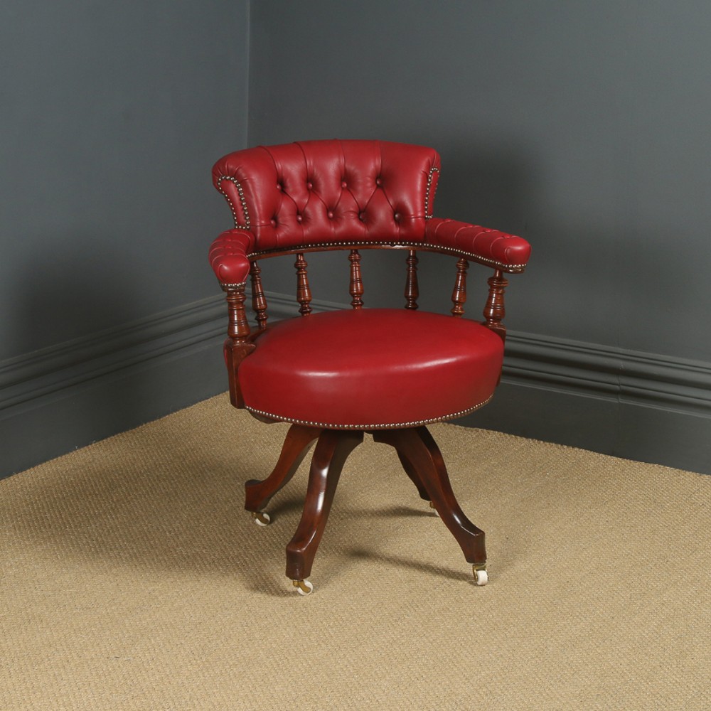 Antique English Victorian Mahogany & Crimson Red Leather Revolving Office Desk Arm Chair (Circa 1890)