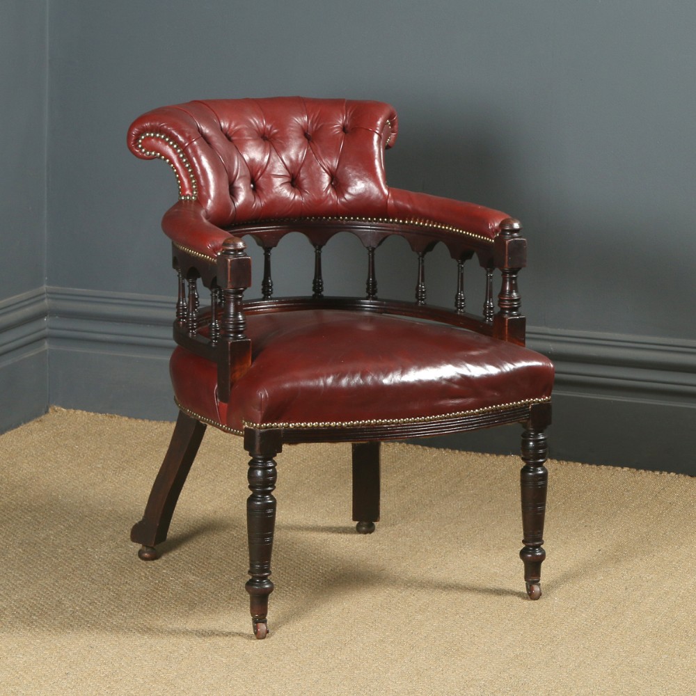 Antique English Victorian Walnut Burgundy Red Leather Office Desk Arm Chair (Circa 1880)
