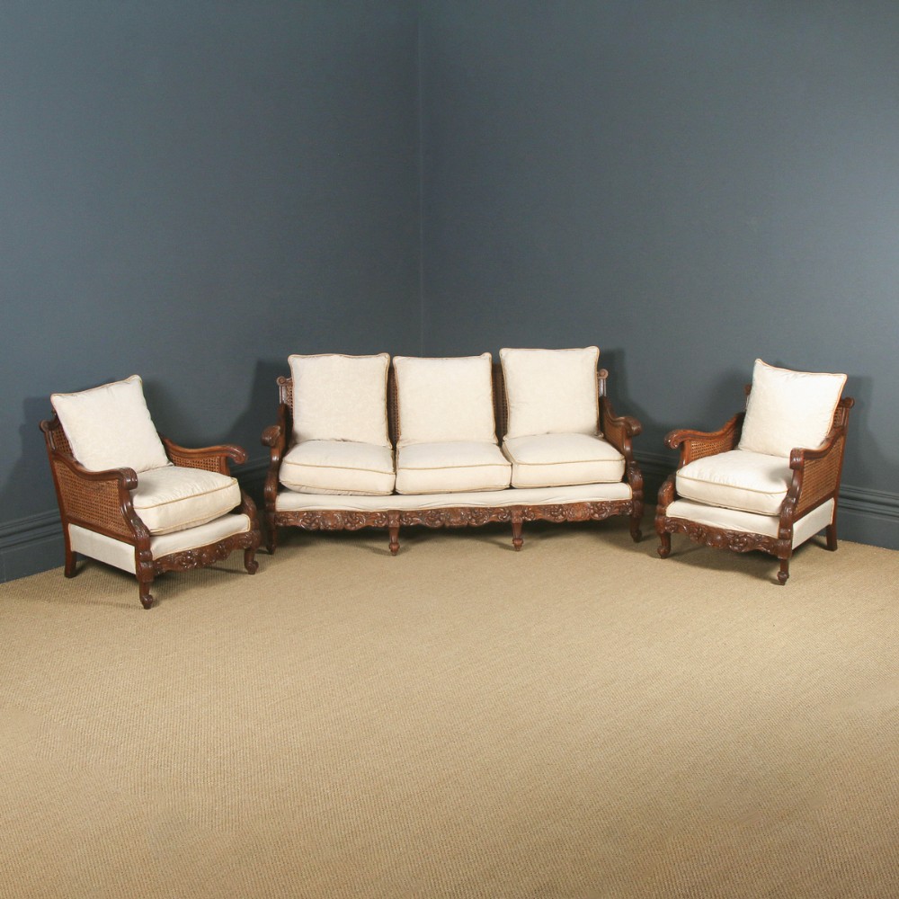 Antique English George V Three Piece Oak & Cane Pale Gold Bergere Couch Settee Sofa Lounge Suite (Circa 1920)