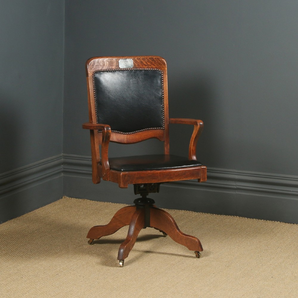 Antique English Edwardian Oak Revolving Office Desk Arm Chair (Circa 1910)