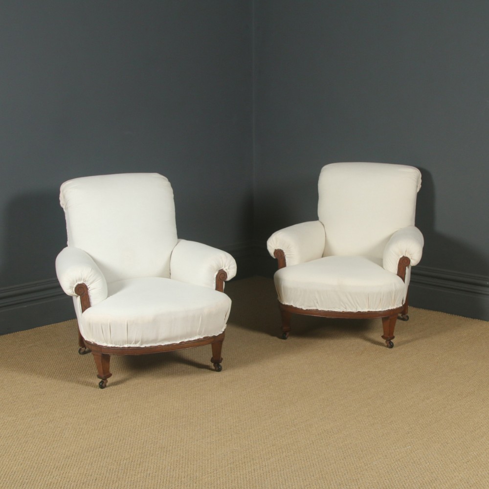 Antique English Victorian Pair of Upholstered Oak Howard & Sons Style Chairs / Armchairs (Circa 1880)