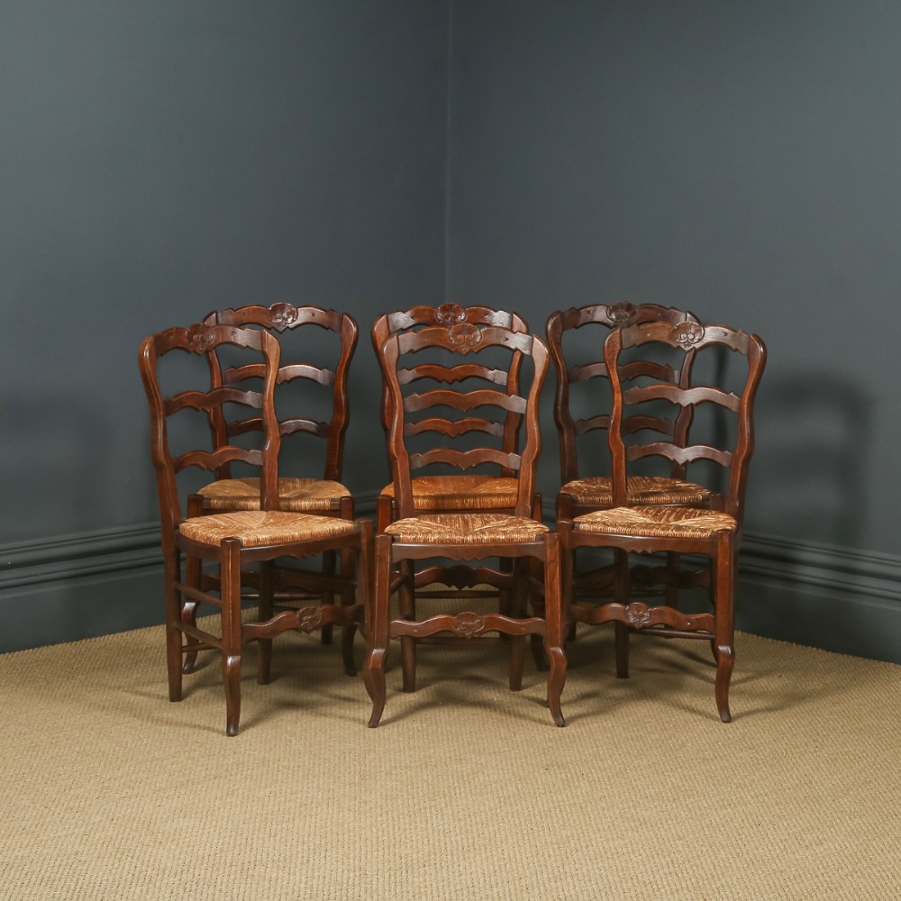 Antique French Set of 6 Six Louis XV Style Oak Ladder Back Rush Seat Kitchen Dining Chairs (Circa 1920)