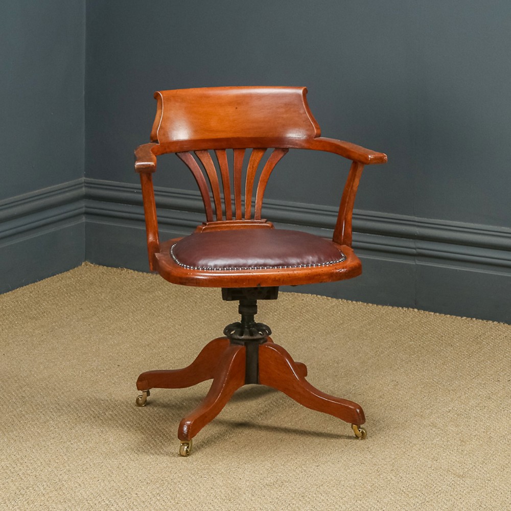 Antique English Edwardian Beech & Red Leather Revolving Office Desk Arm Chair (Circa 1910)