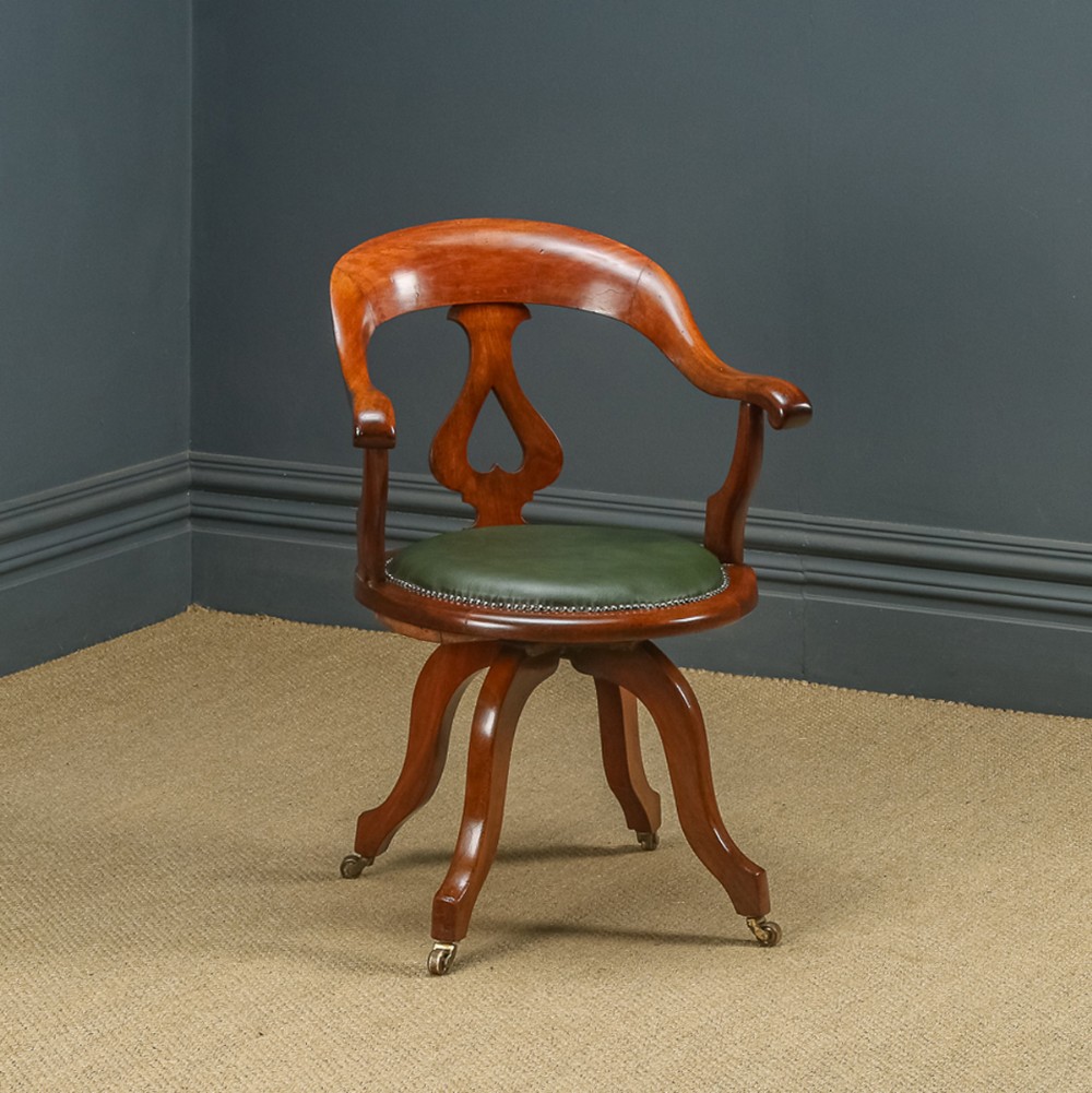 Antique English Victorian Mahogany & Green Leather Revolving Office Desk Arm Chair (Circa 1870)