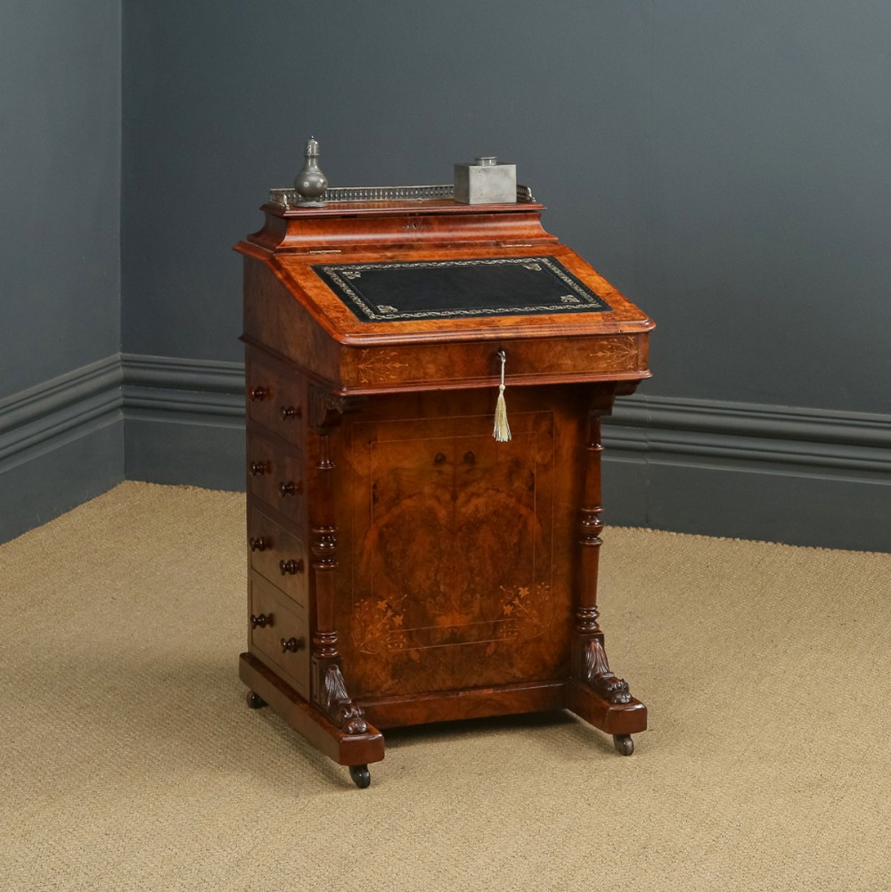 Antique English Victorian Burr Walnut Freestanding Davenport Writing Desk (Circa 1860)