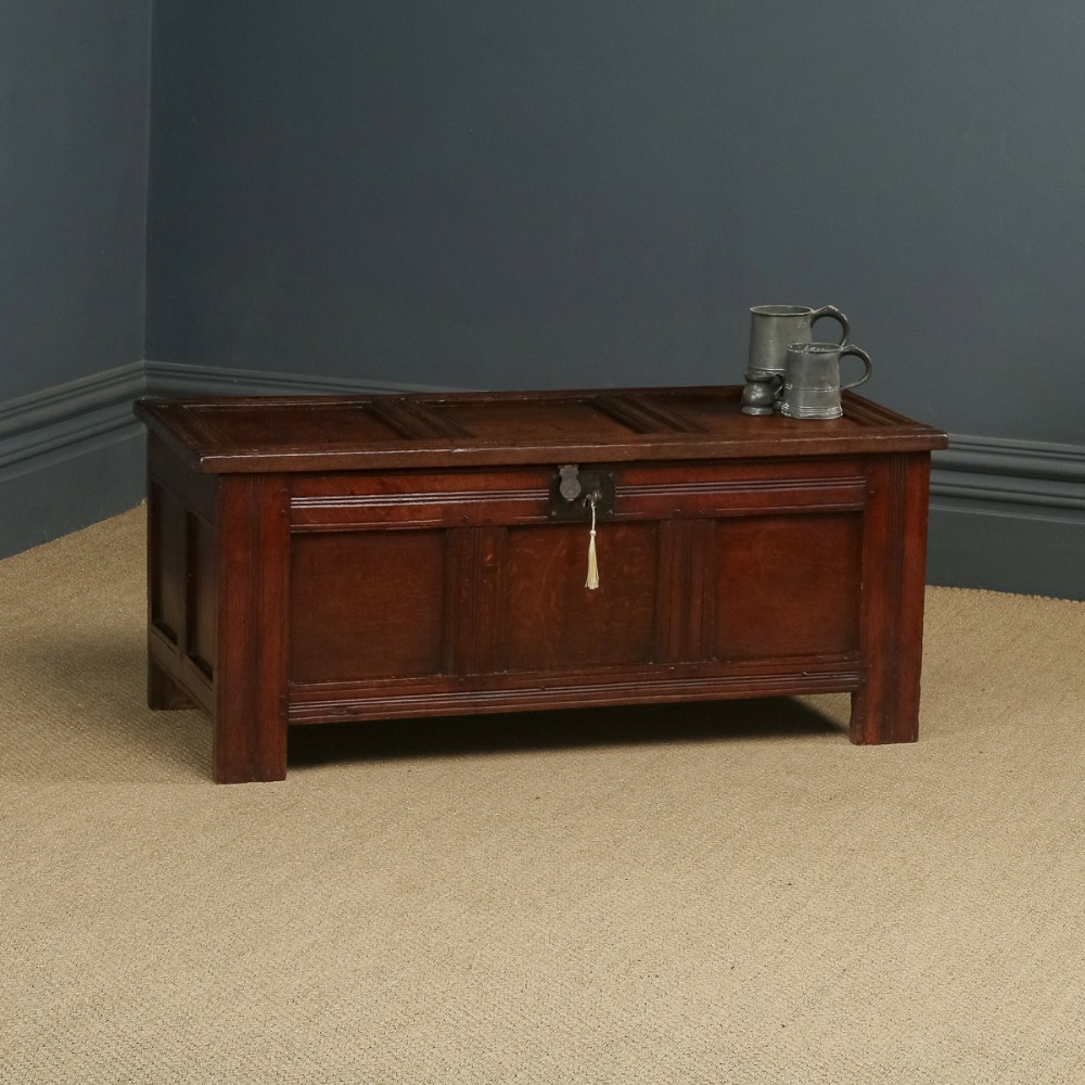 Antique English Georgian Oak Triple Panel Coffer Chest Blanket Box Trunk (Circa 1720)