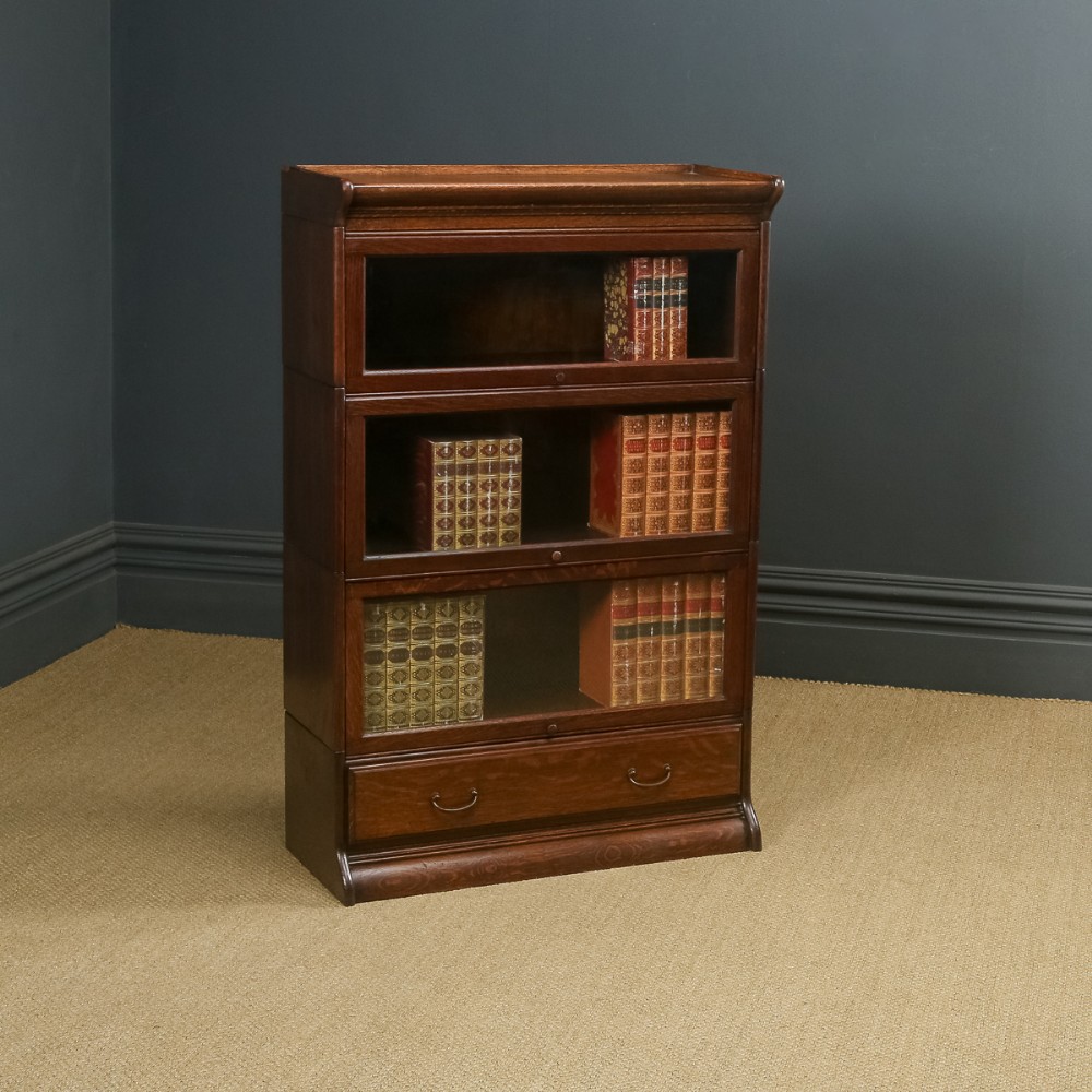 Antique English George V Minty Globe Wernicke Style Oak Three Tier Glazed Sectional Bookcase (Circa 1920)