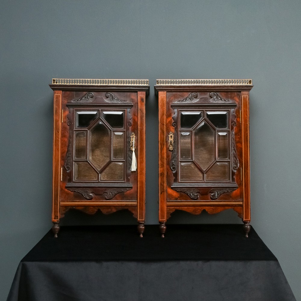 Antique English Pair of Victorian Rosewood & Brass Wall Hanging Glazed Display Cabinets / Cupboards (Circa 1860)