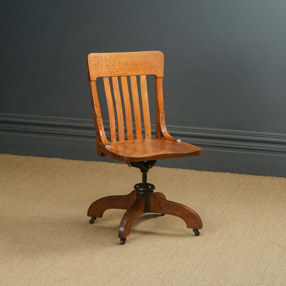 Antique English Edwardian Oak Revolving Office Desk Side Chair (Circa 1910)