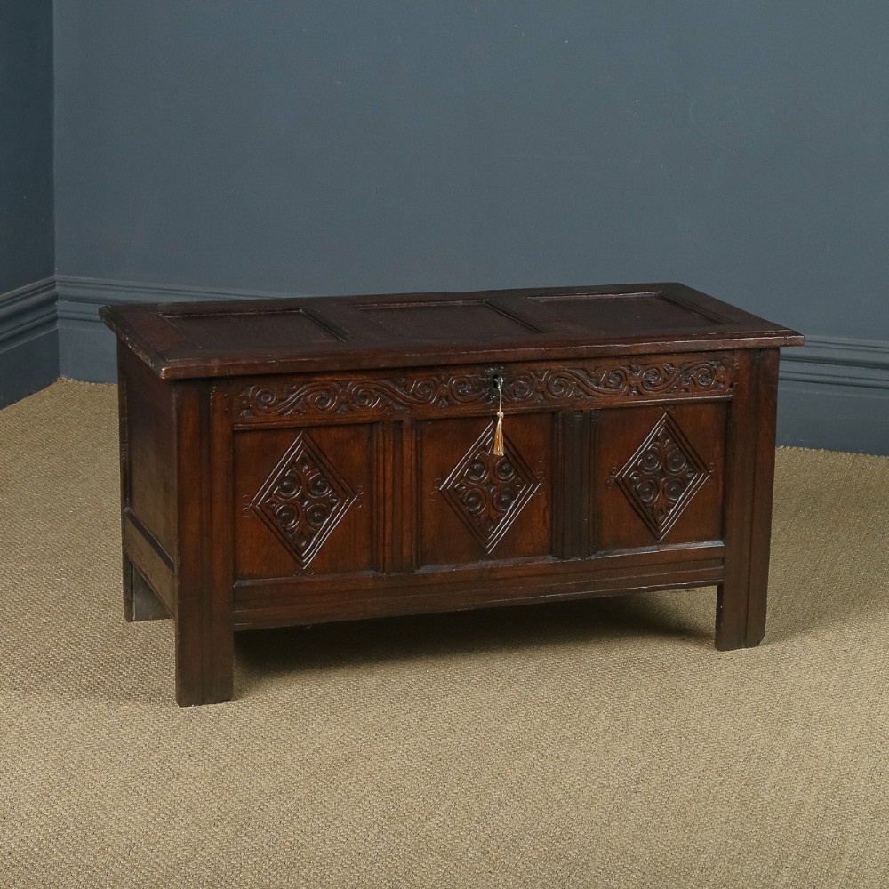 Antique English Charles II Oak Carved Triple Panel Coffer Chest Blanket Box Trunk (Circa 1680)