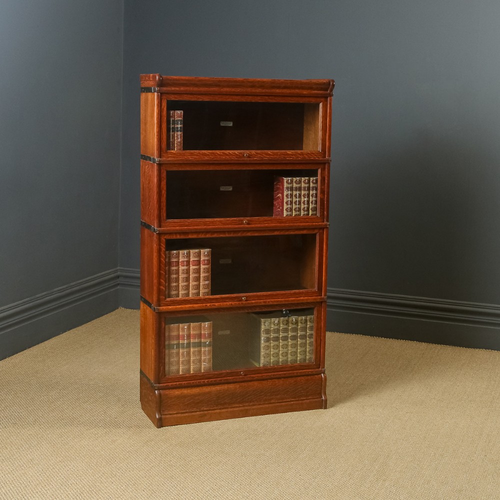 Antique English George V Globe Wernicke Oak Four Tier Glazed Sectional Bookcase (Circa 1920)