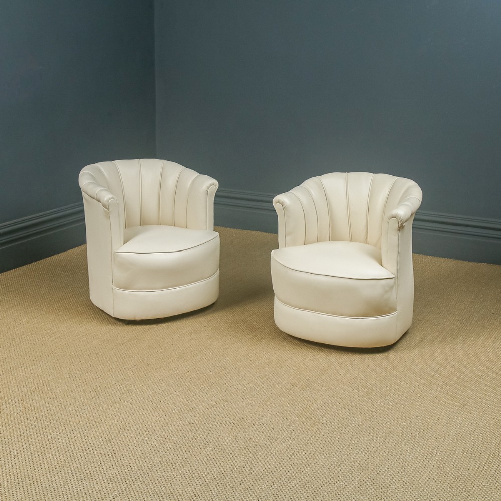 Antique English Art Deco Pair of Cream Leather Upholstered Scalloped Tub Chairs / Armchairs (Circa 1935)