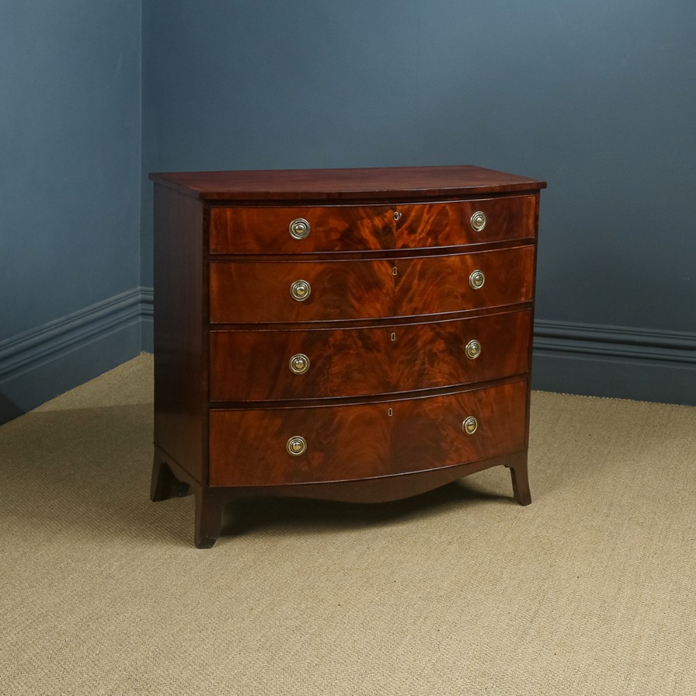 Antique English Georgian Regency Flame Mahogany Bow Front Chest of Drawers (Circa 1820)