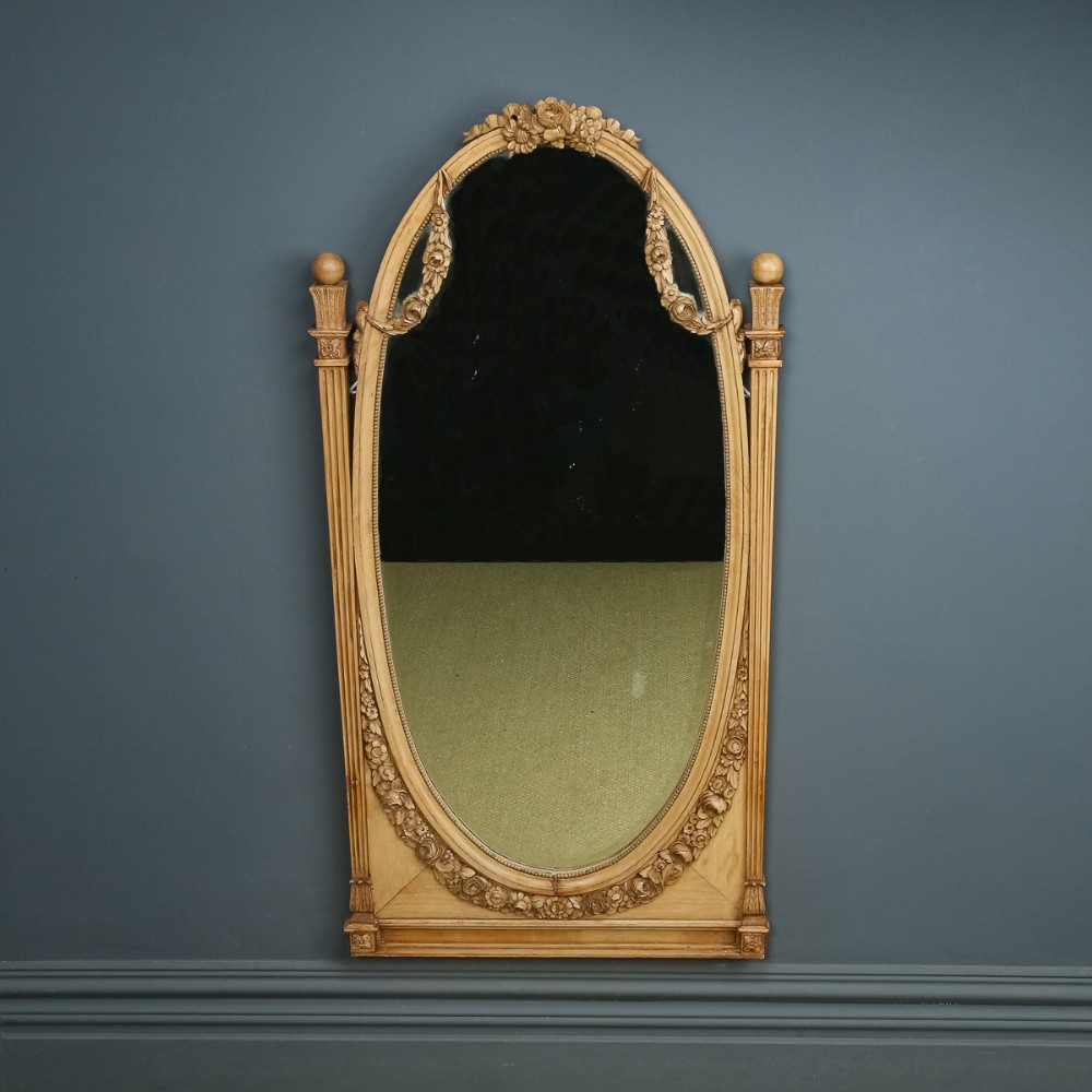 Antique Italian 19th Century Renaissance Beech Lime Washed Circular Oval Portrait Hanging Wall Mirror (Circa 1870)