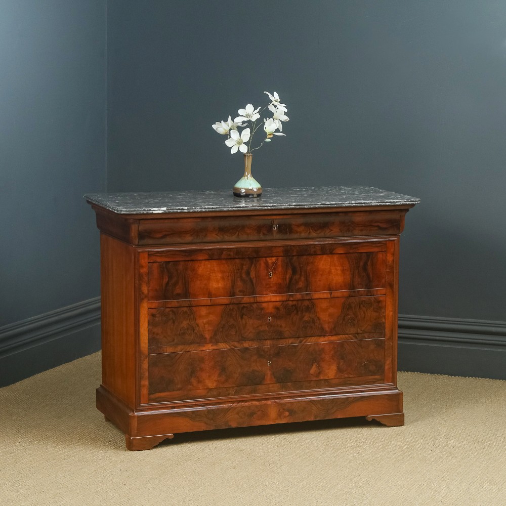 Antique French Louis Philippe Biedermeier Burr Walnut & Marble Bedroom Chest of Drawers / Commode (Circa 1850)