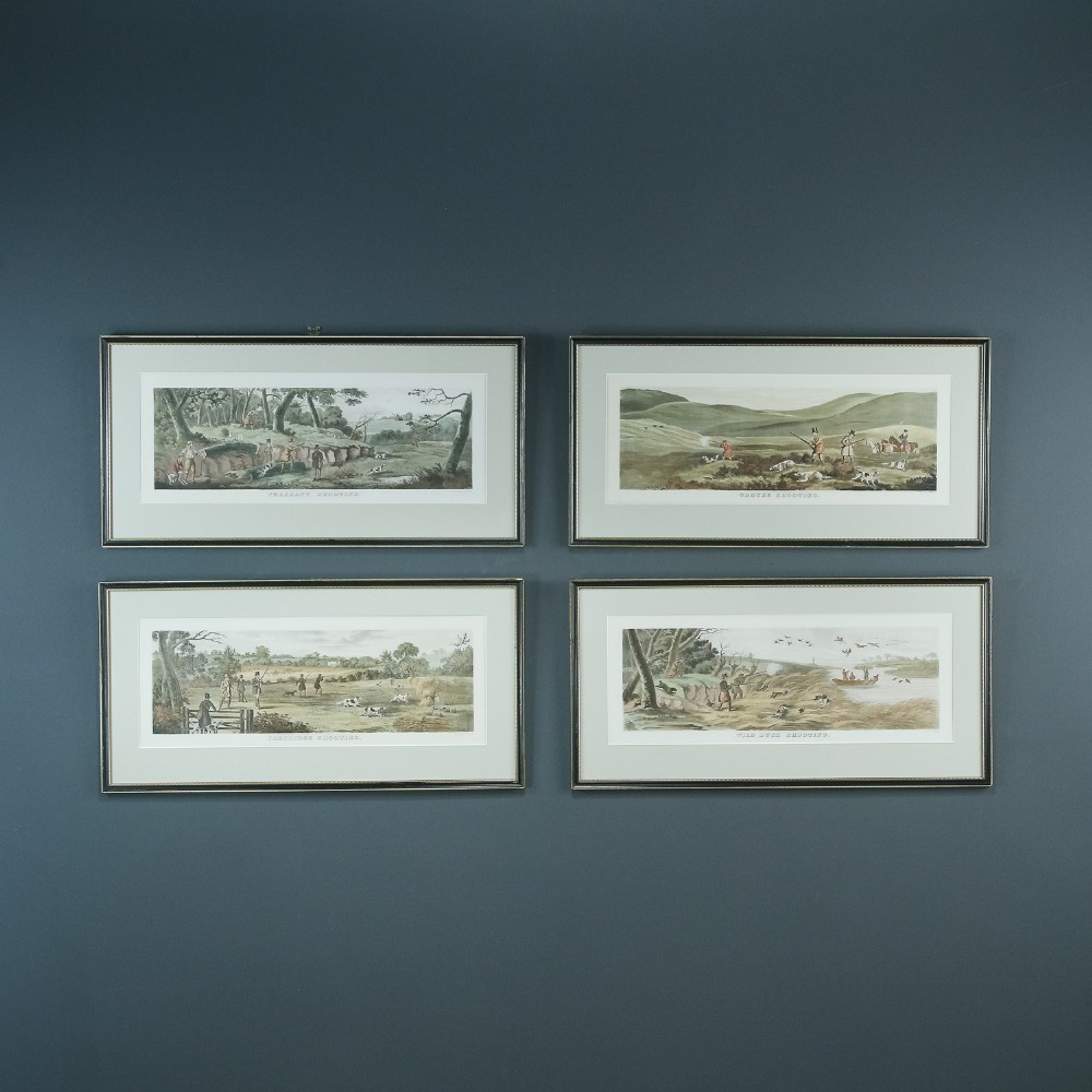 Antique English Victorian Set of Four Hand Coloured Watercolour Lithograph Painting Picture Aquatint Prints of Shooting Scenes by Thomas Sutherland (Circa 1890)