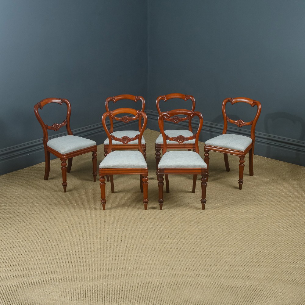 Antique English Victorian Set of 6 Six Mahogany Crown / Balloon Back Dining Chairs (Circa 1860)