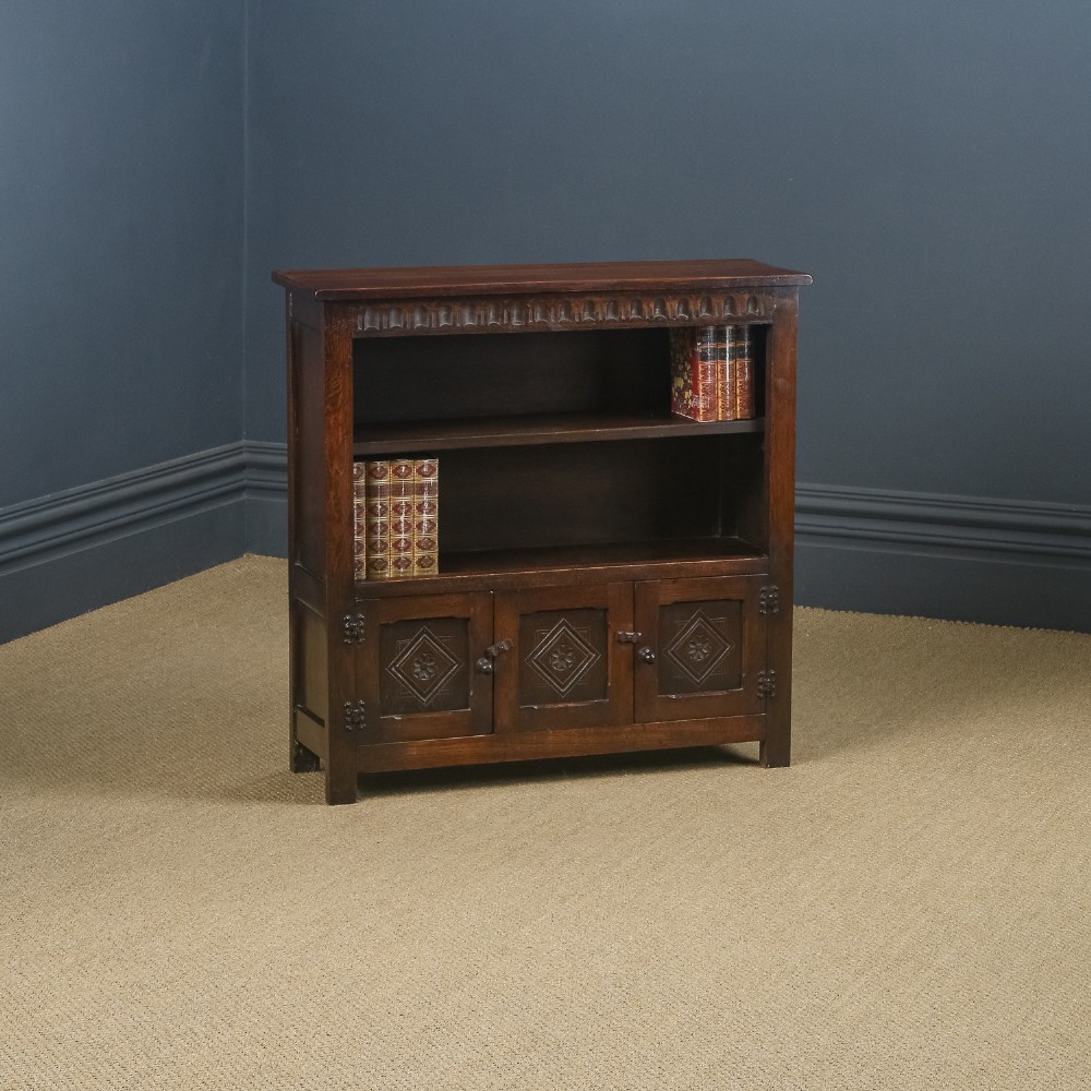 Vintage English 17th Century Style Tudor Oak Open 3ft Bookcase Cupboard (Circa 1940)