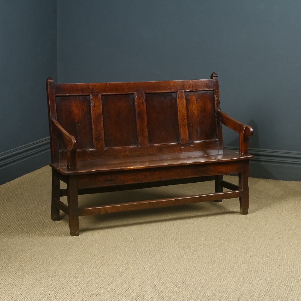 Antique English 18th Century Georgian Oak High Back 5ft Wide Hall Kitchen Bench Settle Seat (Circa 1750)