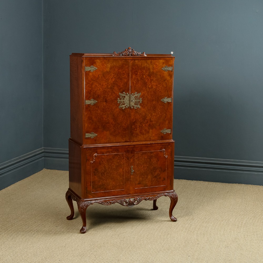 English Queen Anne Style Burr Walnut & Mirrored Glass Drinks Cabinet Cocktail Bar (Circa 1930)