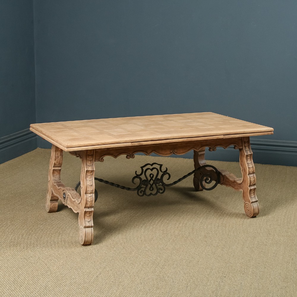 Spanish Basque Parquet Oak & Iron 8ft 9” Refectory Kitchen Dining Table (Circa 1930)